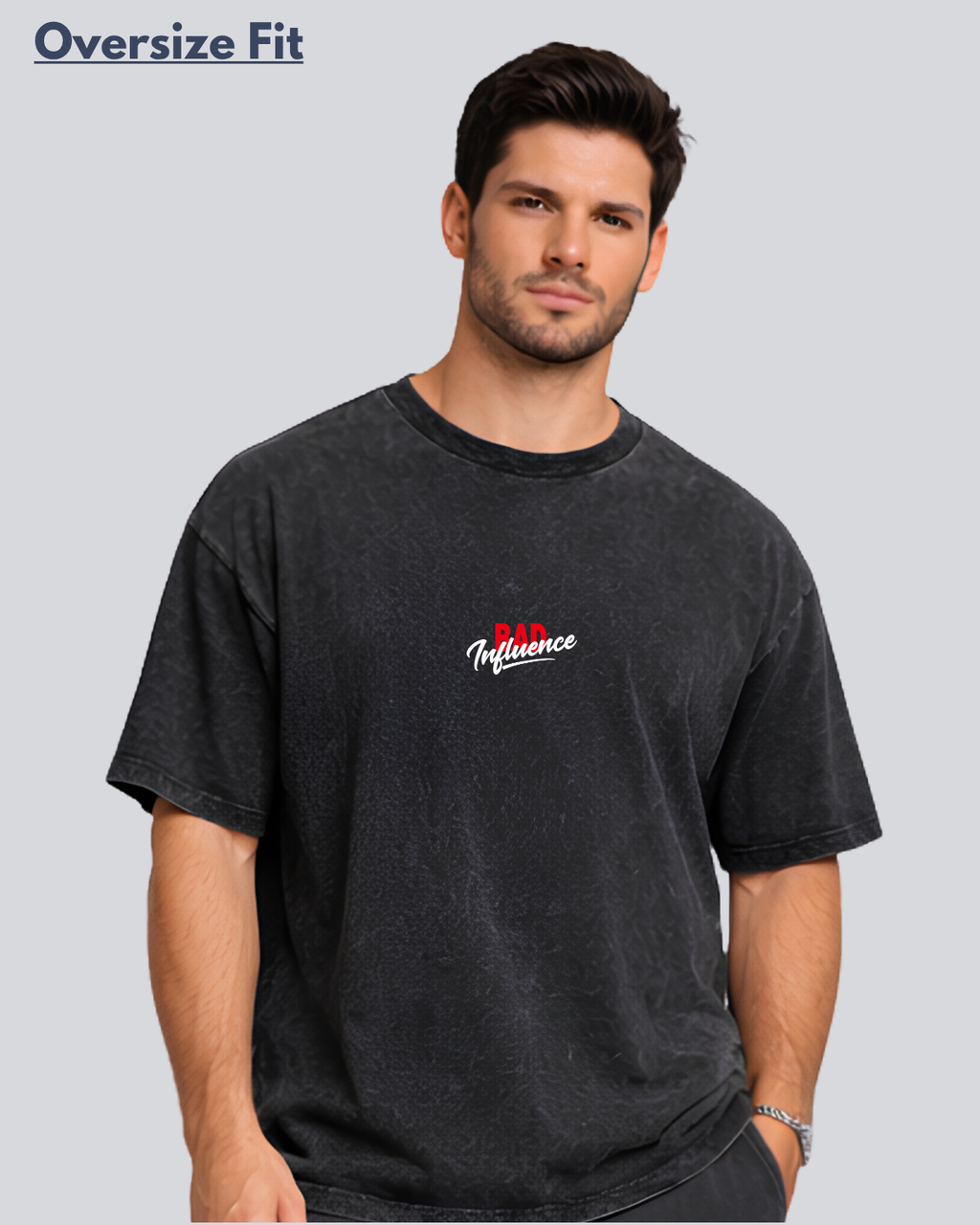 M.Printed Acidwash Bad Influence Black Oversize Streetwear T-Shirt