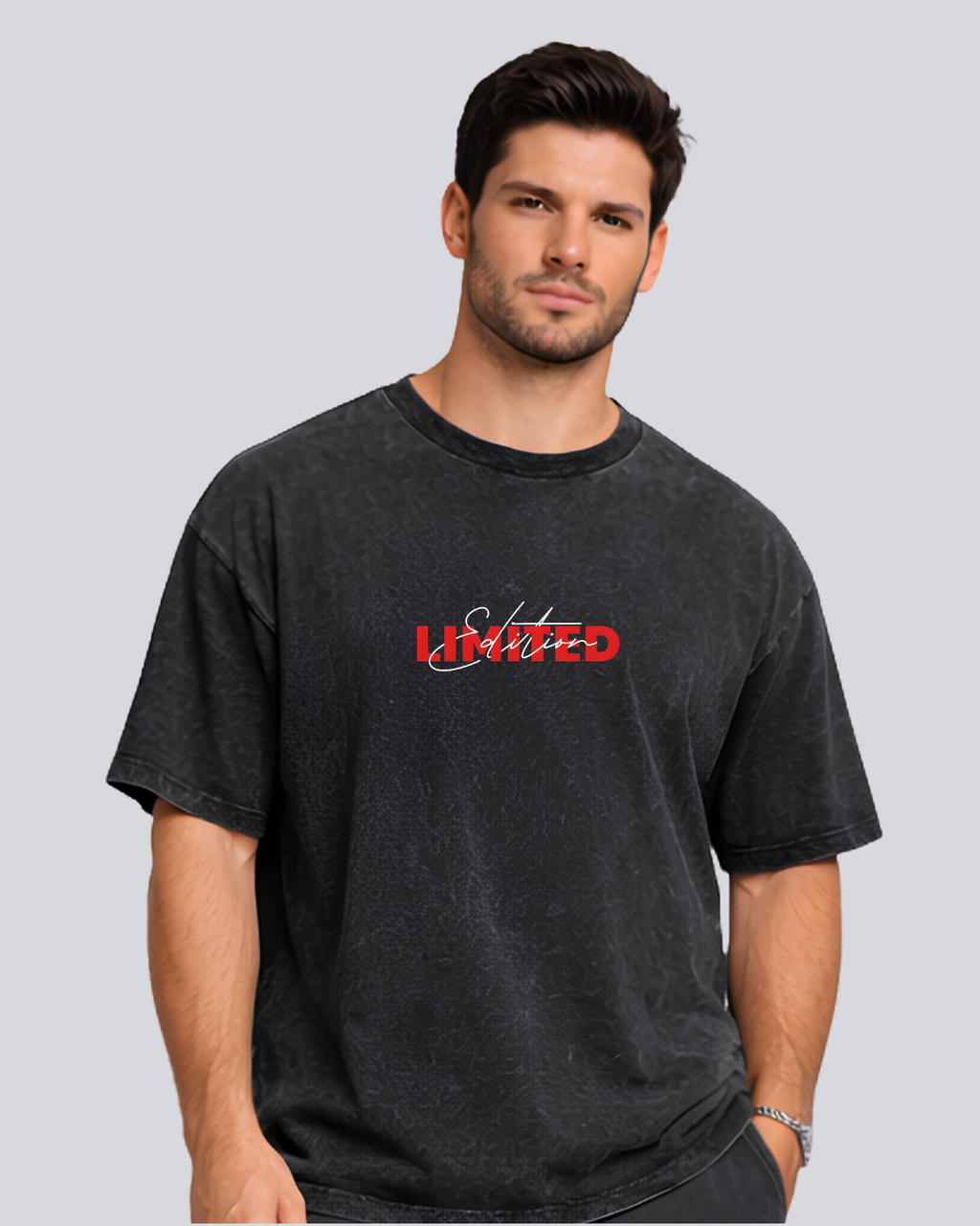 M.Printed Acidwash Limited Edition Black Oversize Streetwear T-Shirt