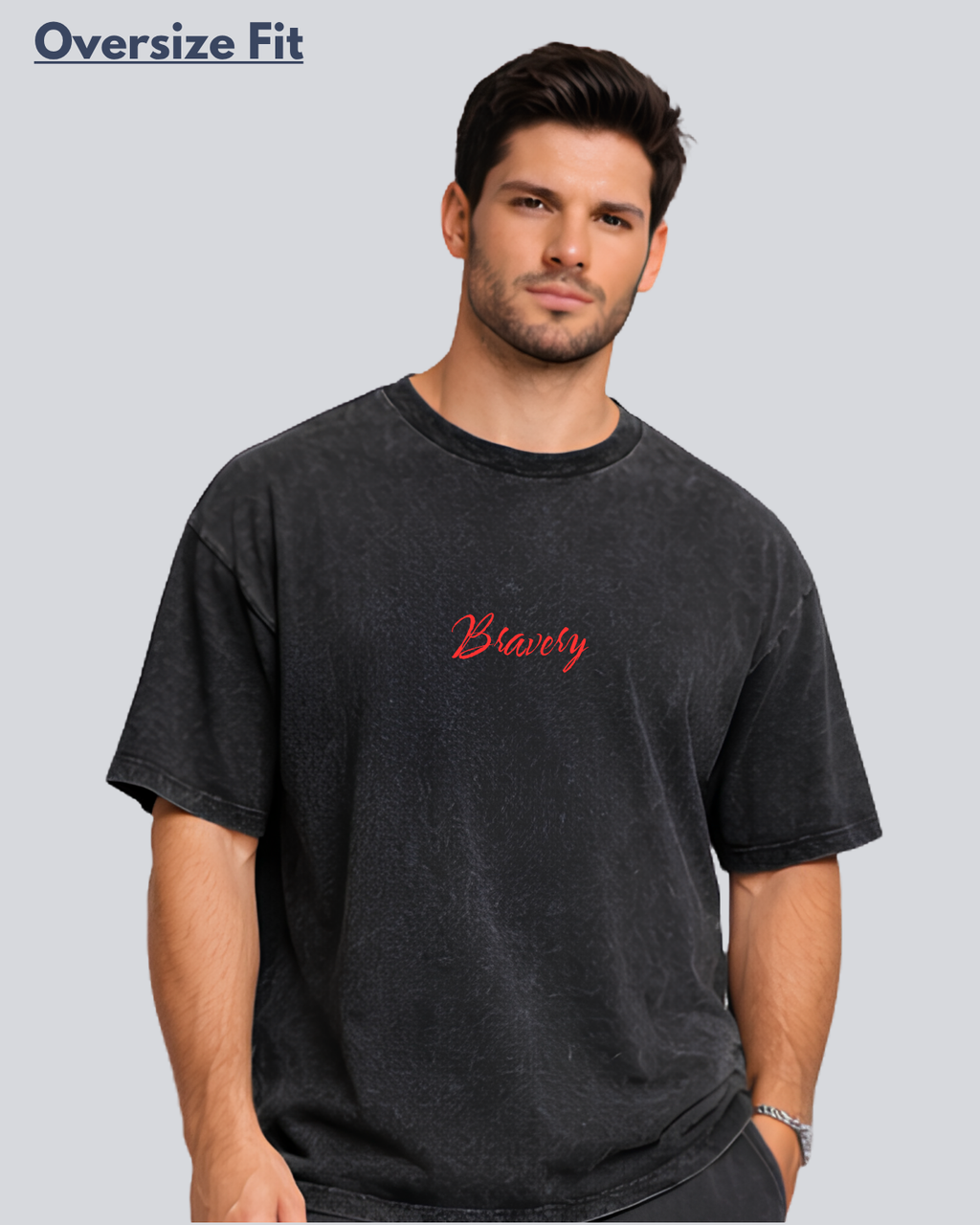 Printed Acidwash Bravery Black Oversize Streetwear T-Shirt