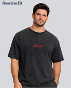 Printed Acidwash Bravery Black Oversize Streetwear T-Shirt