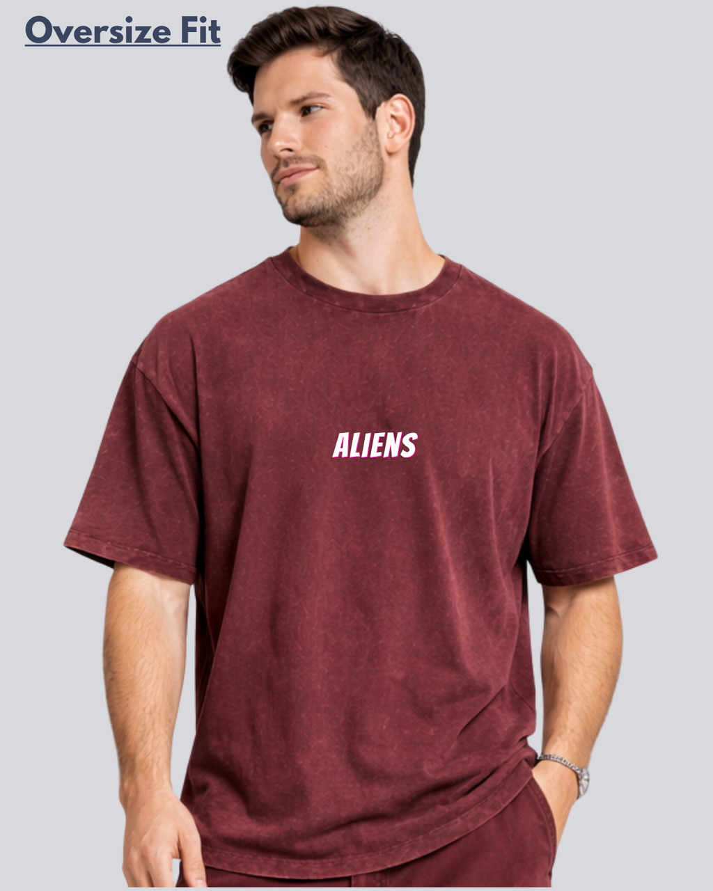 Printed Acidwash Aliens Maroon Oversize Streetwear T-Shirt