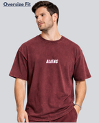 Printed Acidwash Aliens Maroon Oversize Streetwear T-Shirt