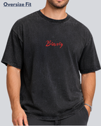 Printed Acidwash Bravery Black Oversize Streetwear T-Shirt