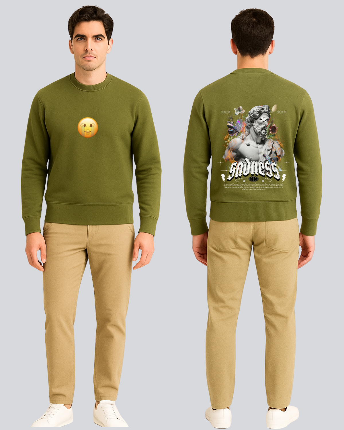 Printed Sadness Supreme Olive Green Winter Sweatshirt