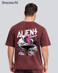 Printed Acidwash Aliens Maroon Oversize Streetwear T-Shirt