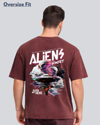 Printed Acidwash Aliens Maroon Oversize Streetwear T-Shirt