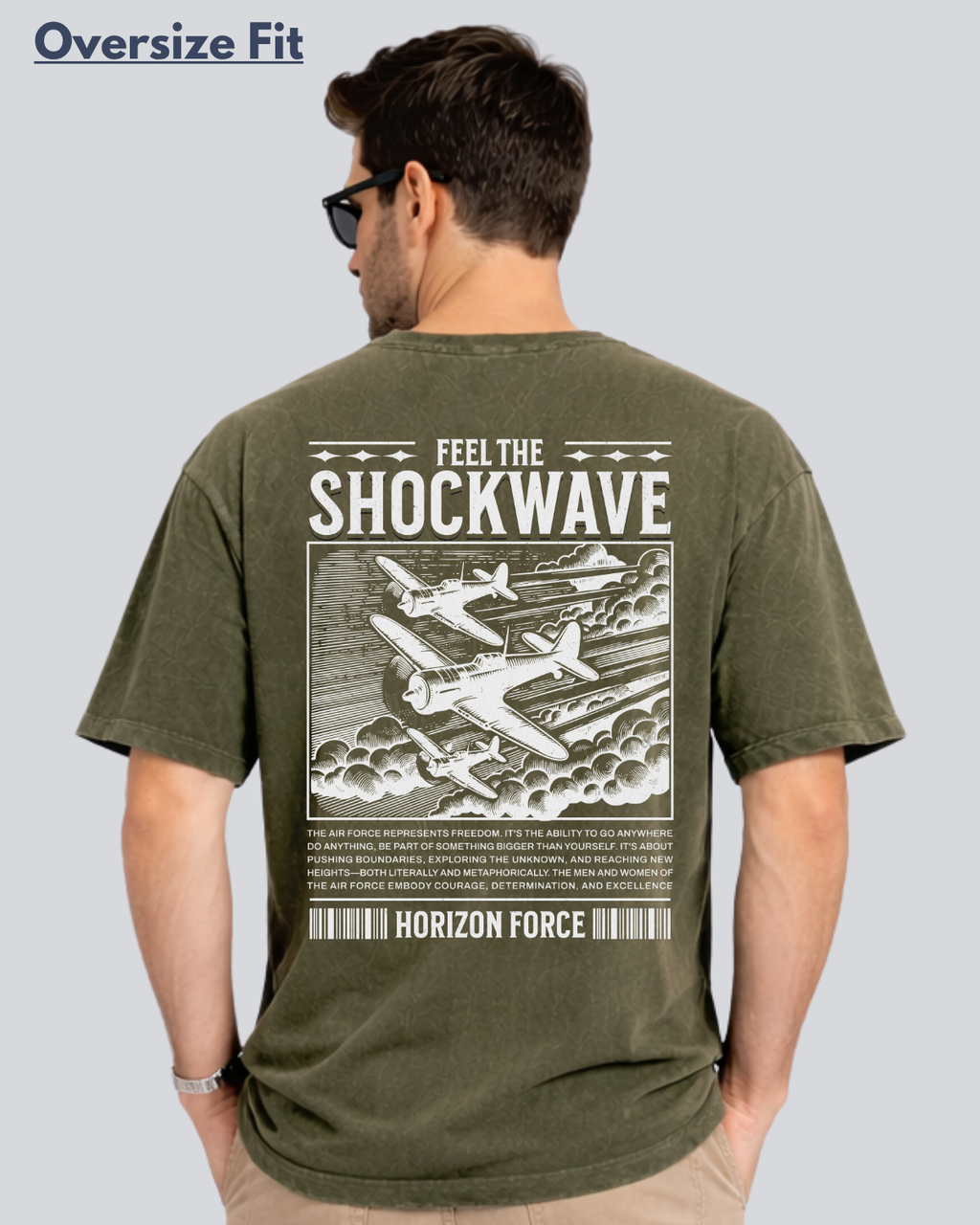 Printed Acidwash Fly High Olive Green Oversize Streetwear T-Shirt