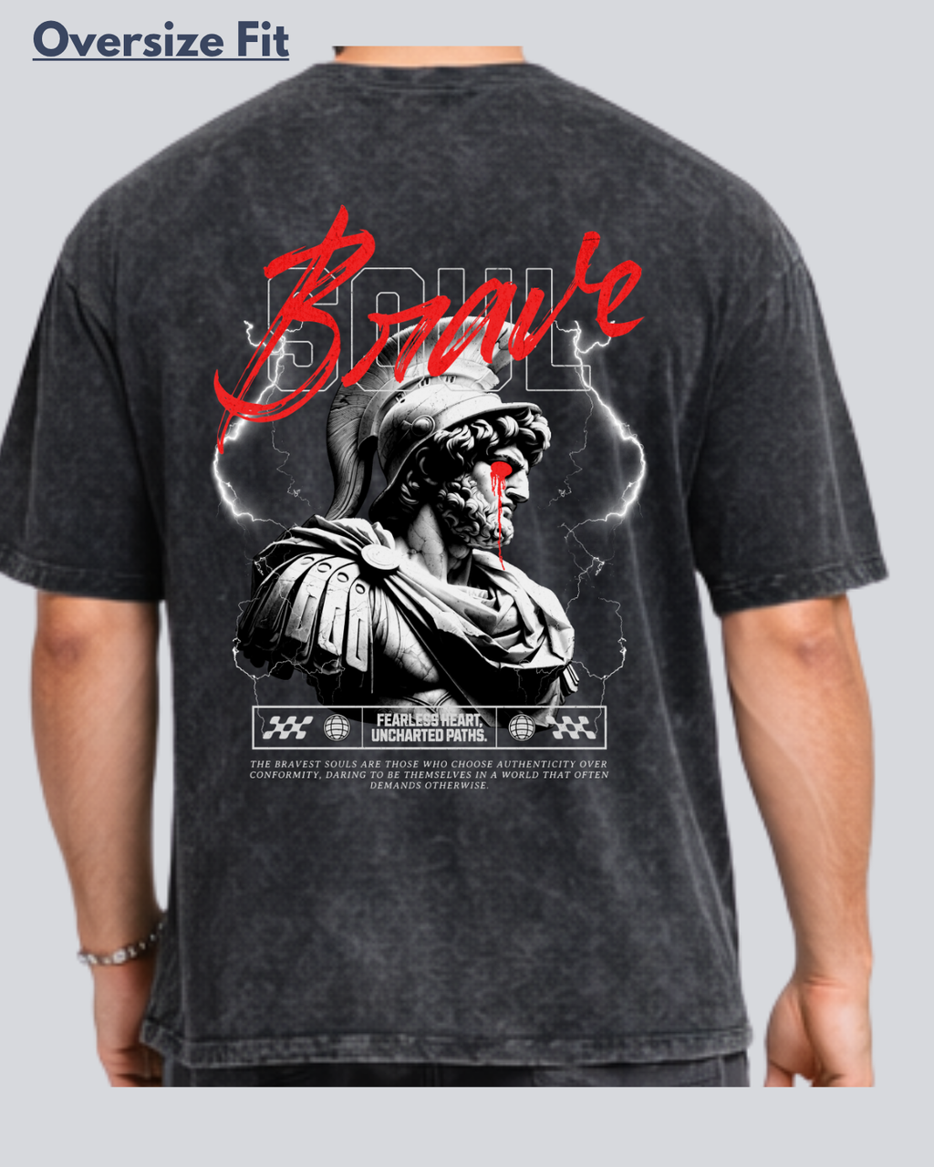 Printed Acidwash Bravery Black Oversize Streetwear T-Shirt