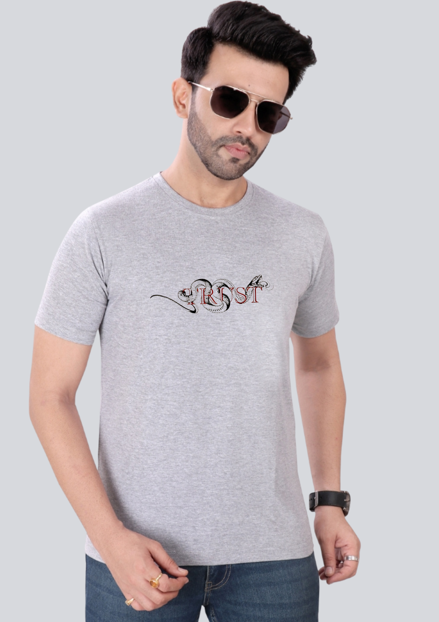 Printed Poisonous Trust Round Crew Neck Light Grey T-Shirt