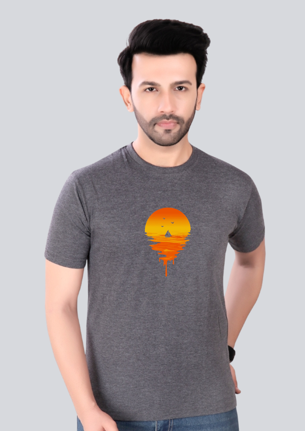 Printed Sunset Shadow Round Crew Neck Dark Grey T-Shirt