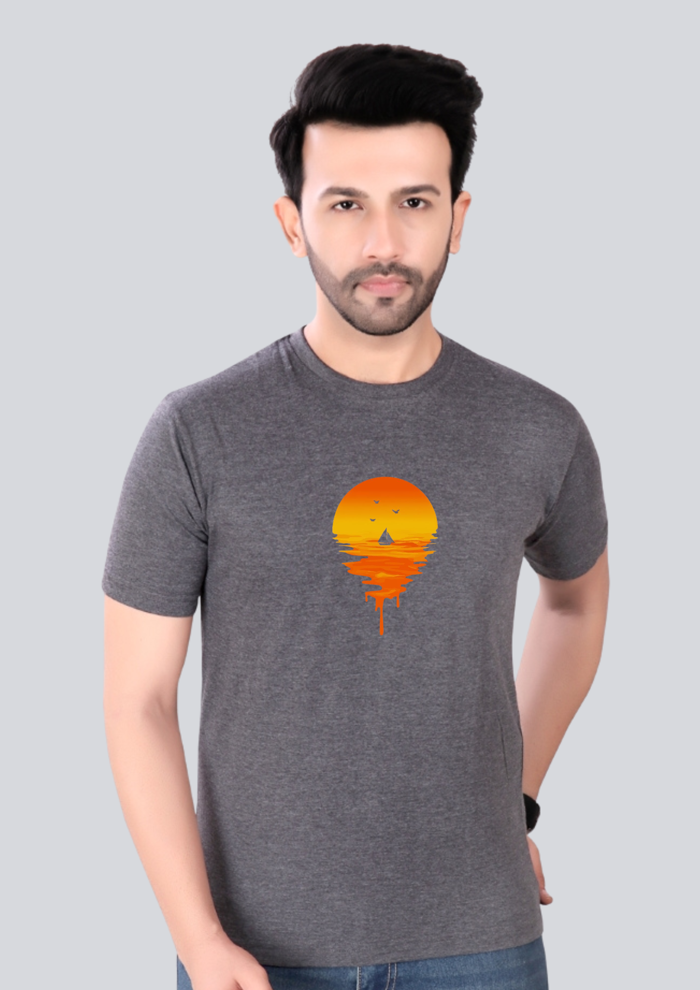 Printed Sunset Shadow Round Crew Neck Dark Grey T-Shirt