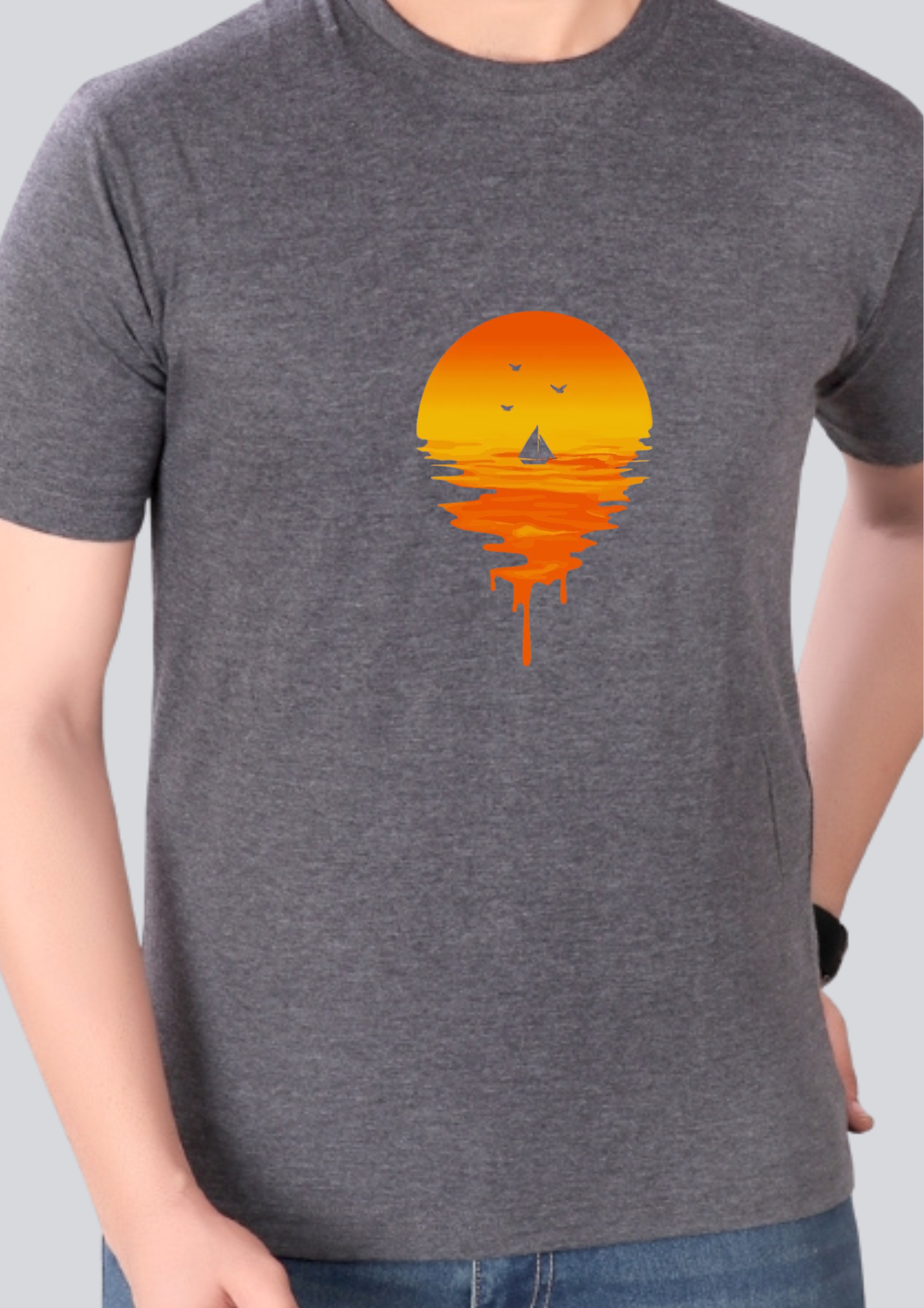 Printed Sunset Shadow Round Crew Neck Dark Grey T-Shirt