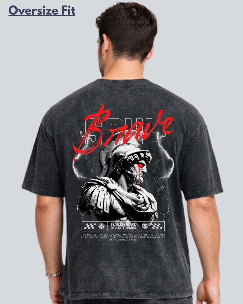 Printed Acidwash Bravery Black Oversize Streetwear T-Shirt