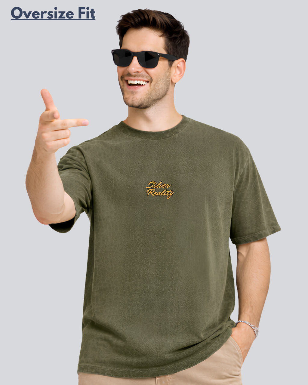 Printed Acidwash Silver Reality Olive Green Oversize Streetwear T-Shirt