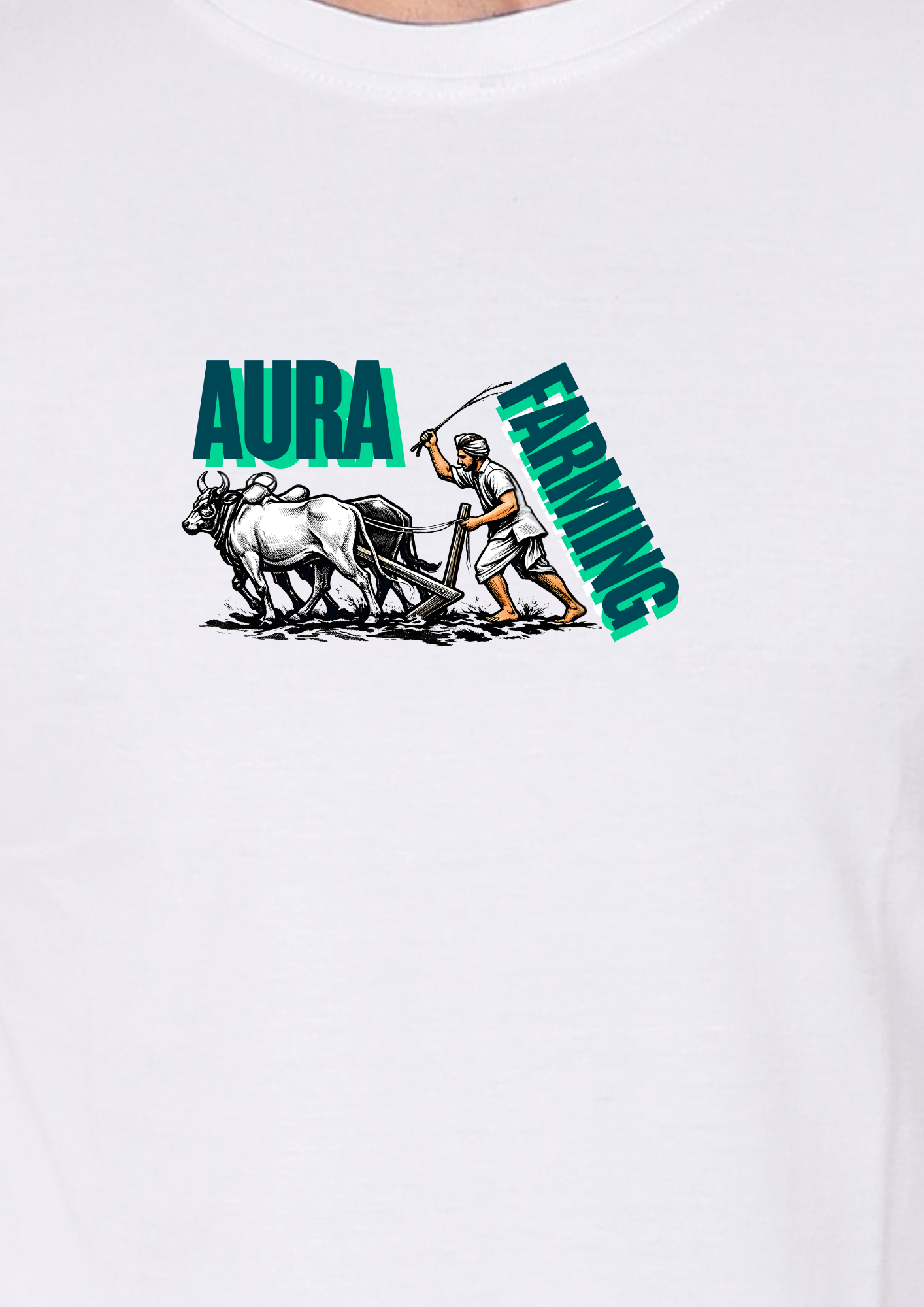 Printed Aura Farming Round Crew Neck White T-Shirt