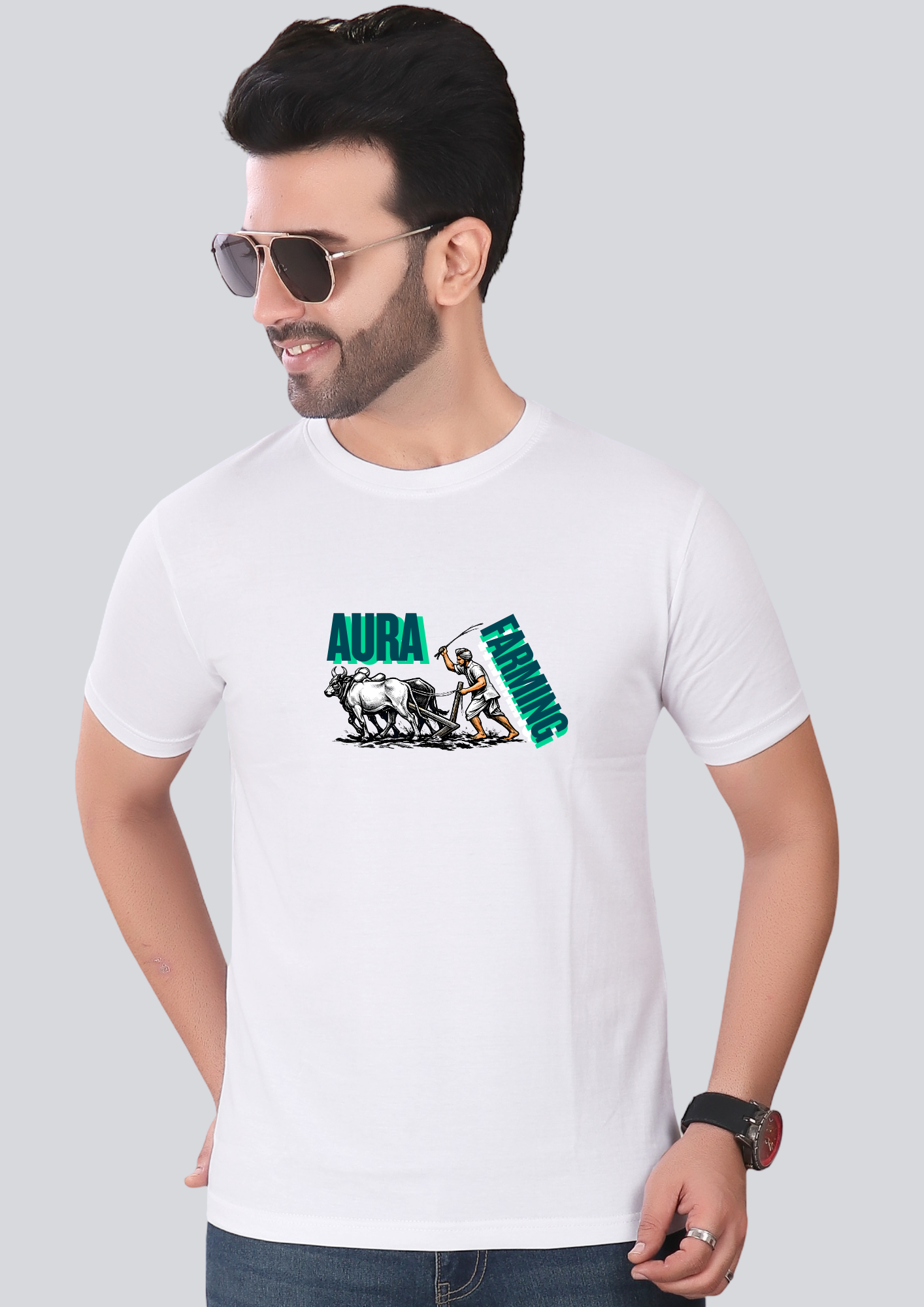 Printed Aura Farming Round Crew Neck White T-Shirt