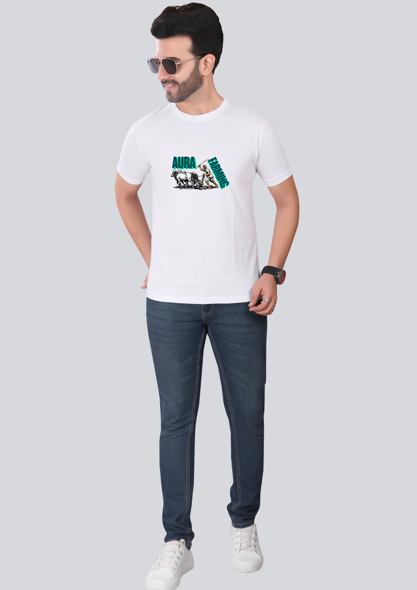 Printed Aura Farming Round Crew Neck White T-Shirt