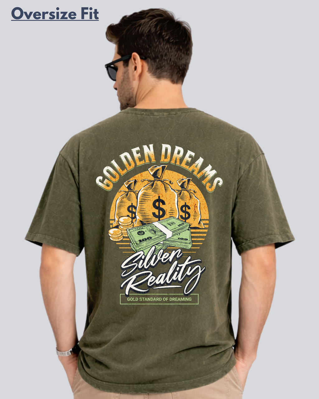 Printed Acidwash Silver Reality Olive Green Oversize Streetwear T-Shirt