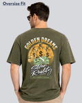 Printed Acidwash Silver Reality Olive Green Oversize Streetwear T-Shirt
