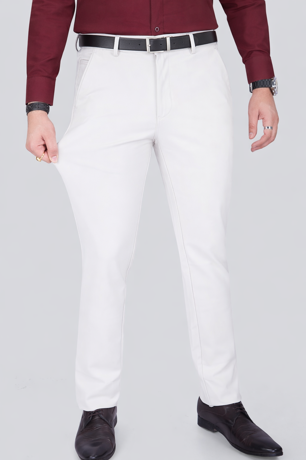 Black Dot Fearless 4-Way Stretch Cream Formal Narrow Fit Trousers