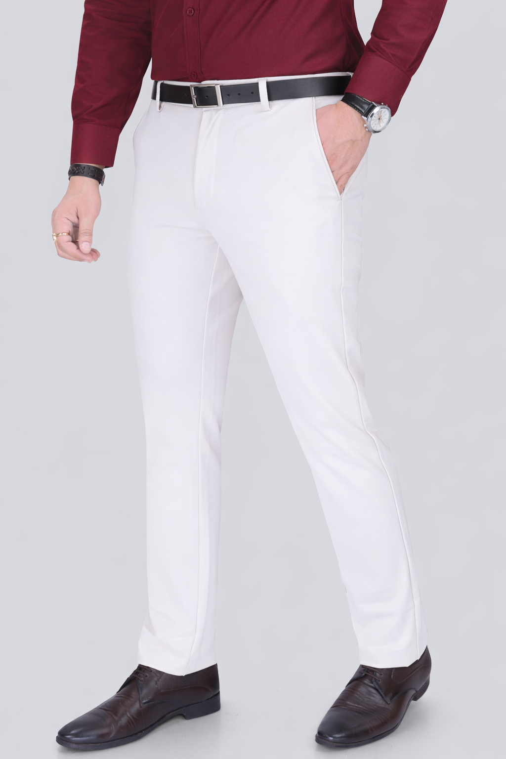 Black Dot Fearless 4-Way Stretch Cream Formal Narrow Fit Trousers