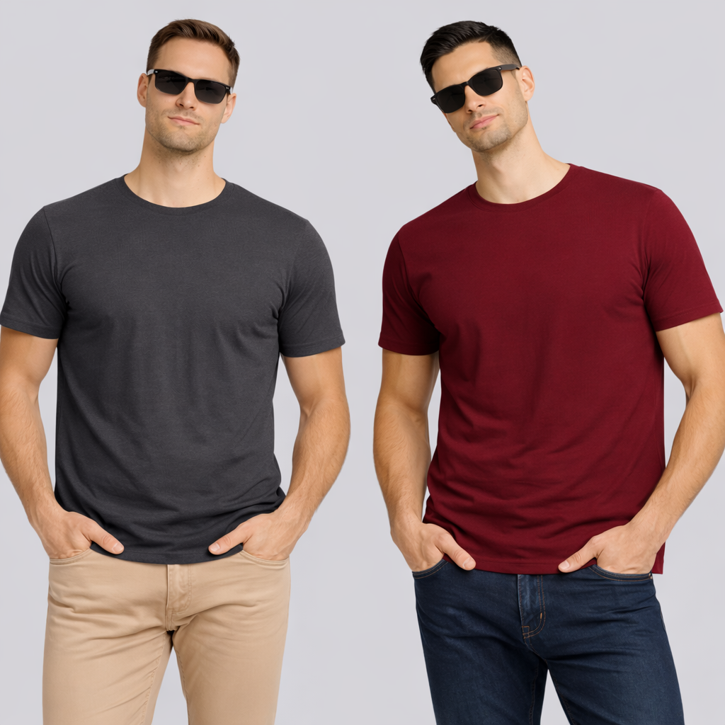 Combo of 2 Round Neck T shirt Dark Grey & Maroon