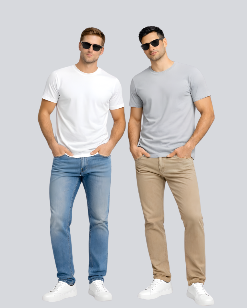 Combo of 2 Round Neck T shirt White & Light Grey