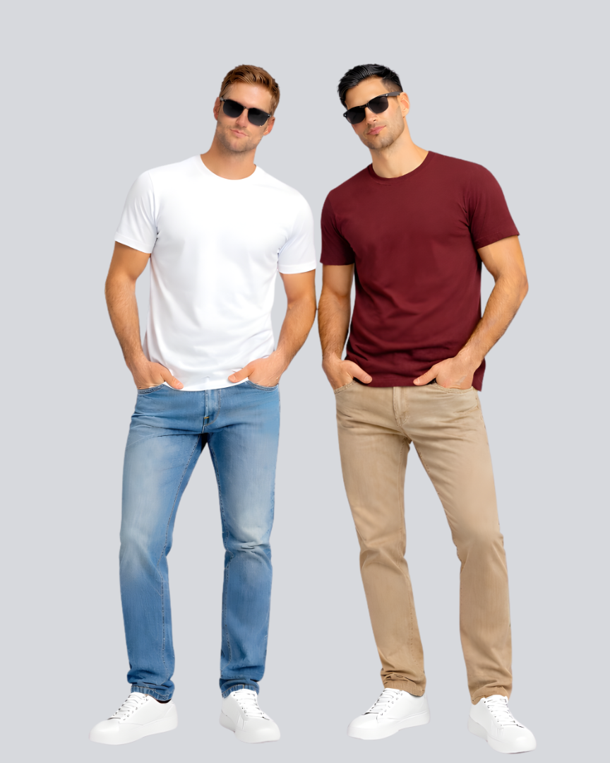 Combo of 2 Round Neck T shirt White & Maroon