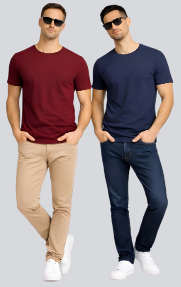 Combo of 2 Round Neck T shirt Maroon & Navy Blue