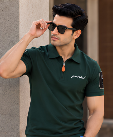 Premium Bottle Green Zip Polo T shirt