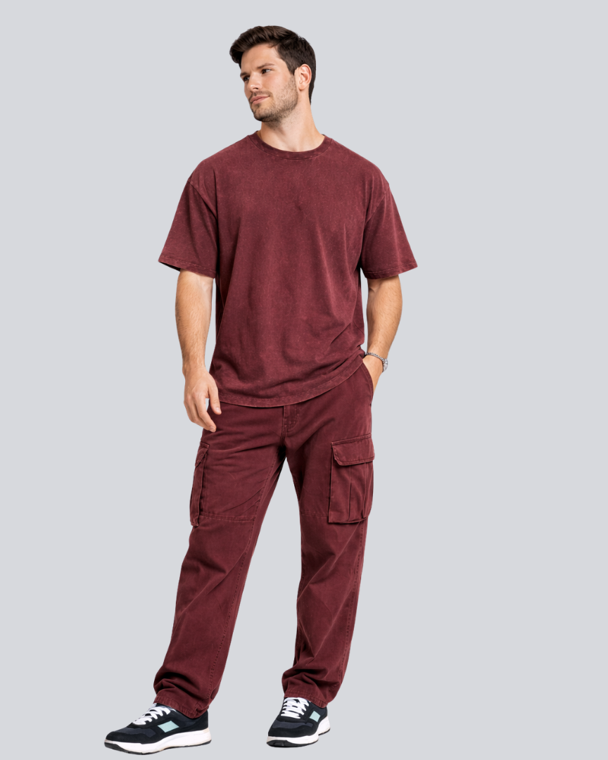 Plain Acid Wash Maroon Oversize Streetwear T-Shirt