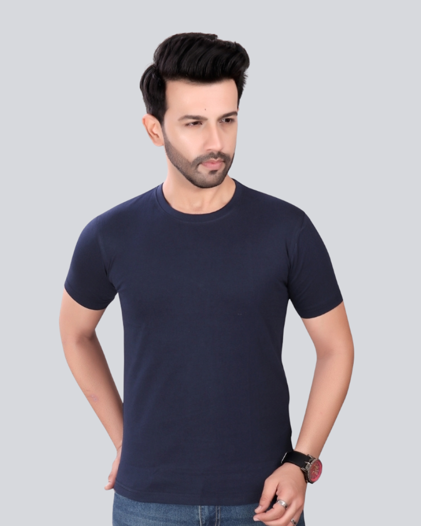 Plain Round Crew Neck Navy Blue T-Shirt