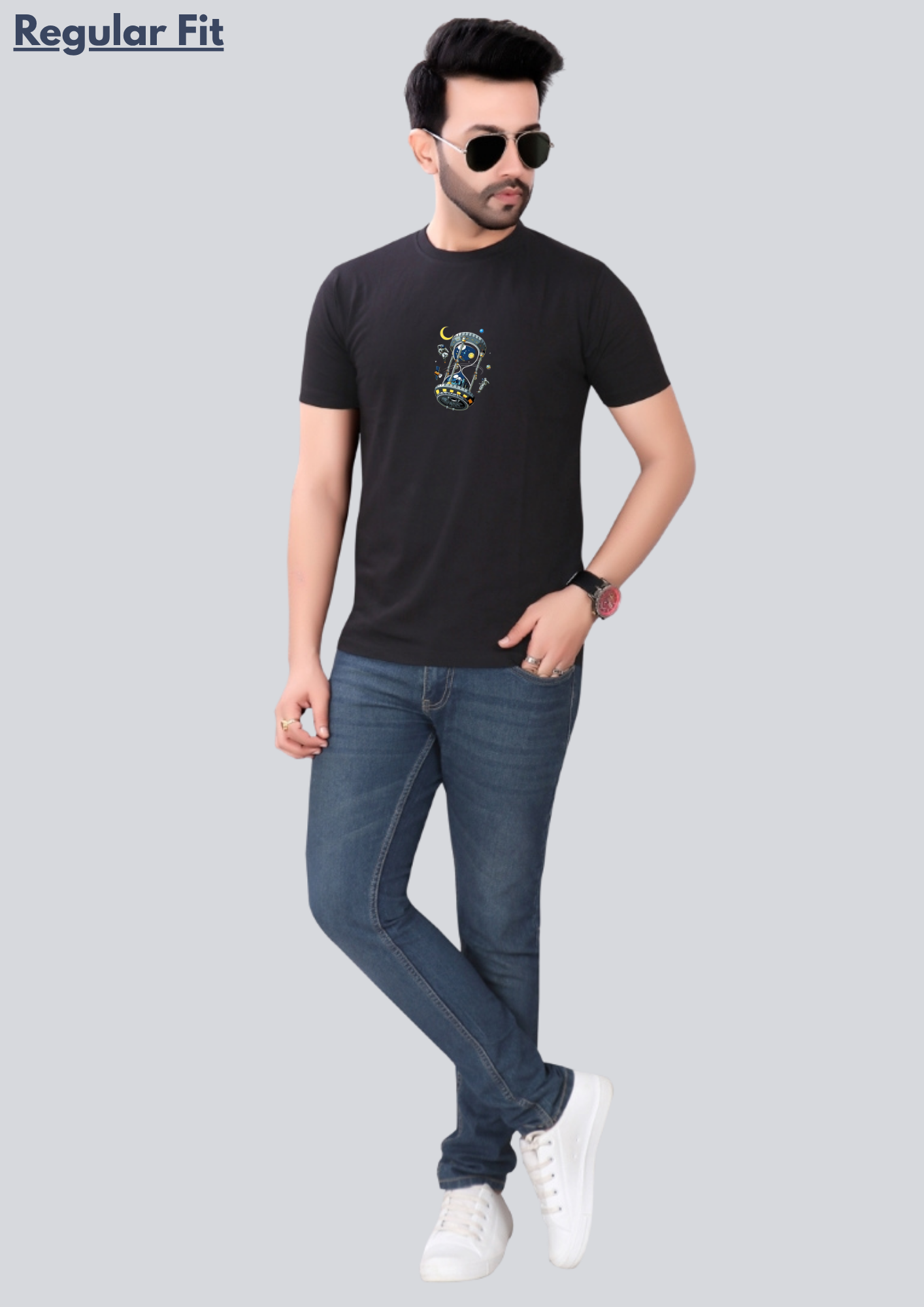Printed Space Hourglass Round Crew Neck T-Shirt