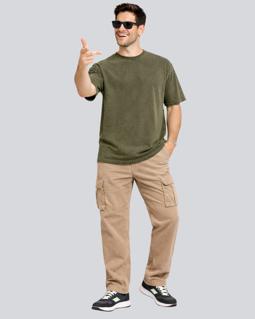 Plain Acid Wash Olive Green Oversize Streetwear T-Shirt