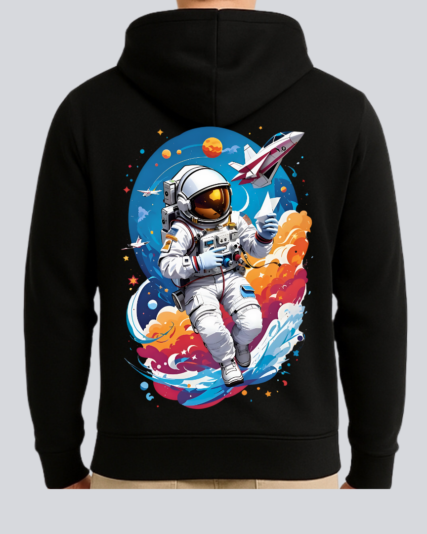 Printed Flying Astronaut Winter Black Hoodie