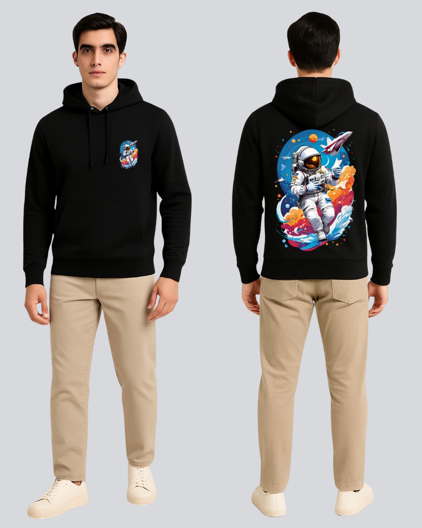 Printed Flying Astronaut Winter Black Hoodie