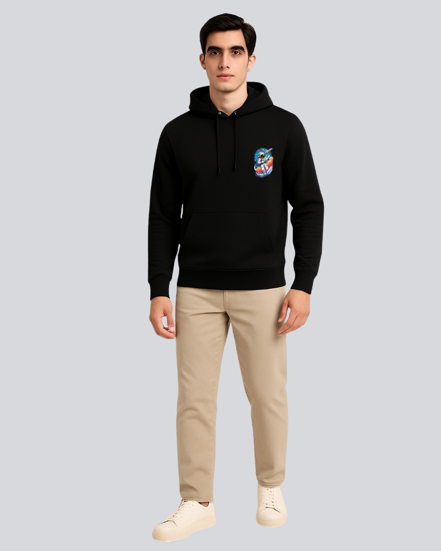 Printed Flying Astronaut Winter Black Hoodie