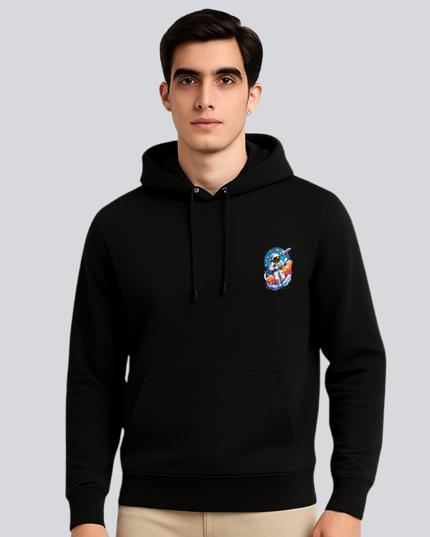 Printed Flying Astronaut Winter Black Hoodie