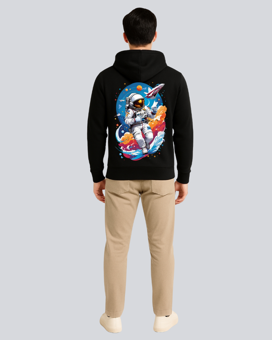 Printed Flying Astronaut Winter Black Hoodie