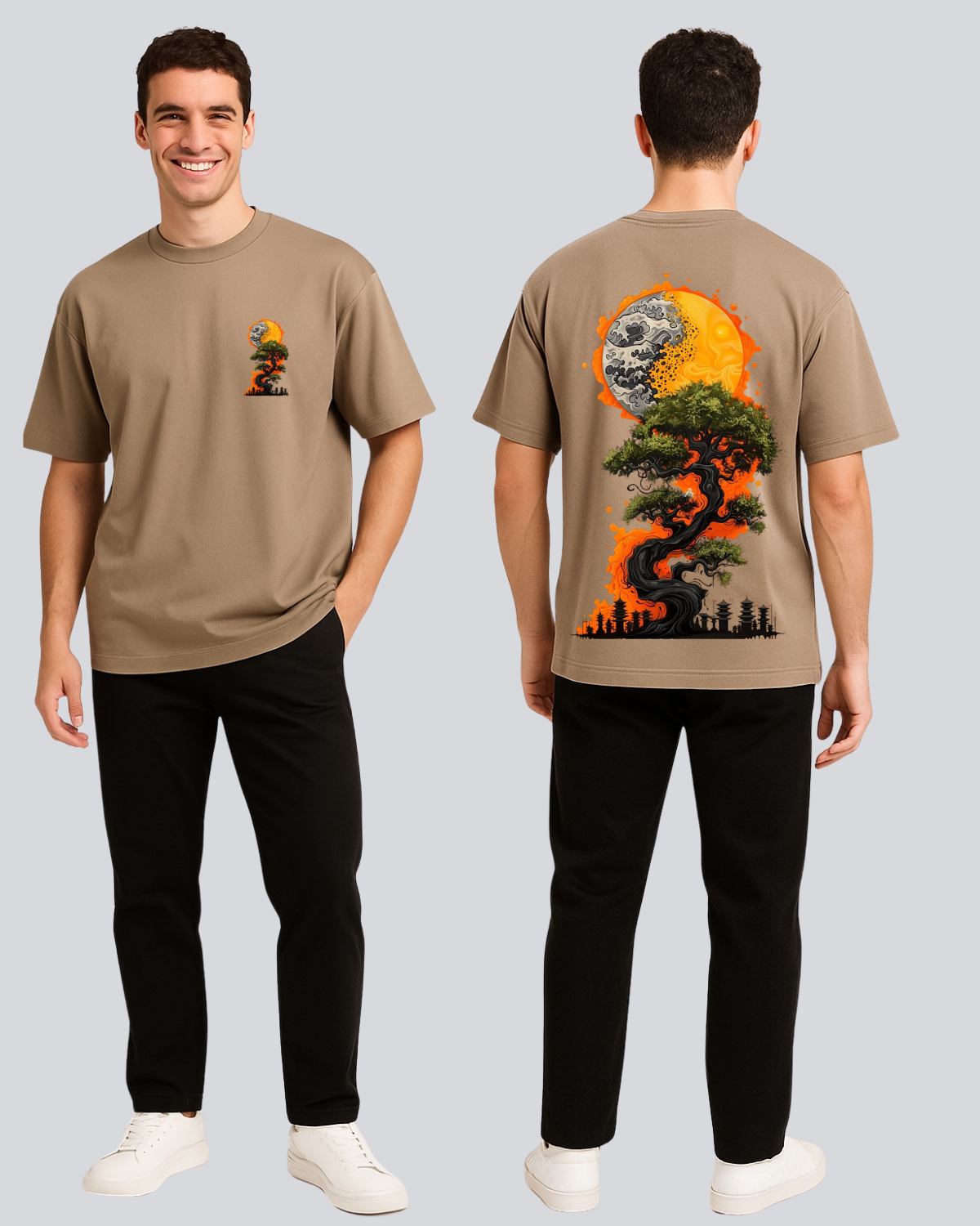 Printed Sun & Moon Streetwear Biege Oversize T-Shirt