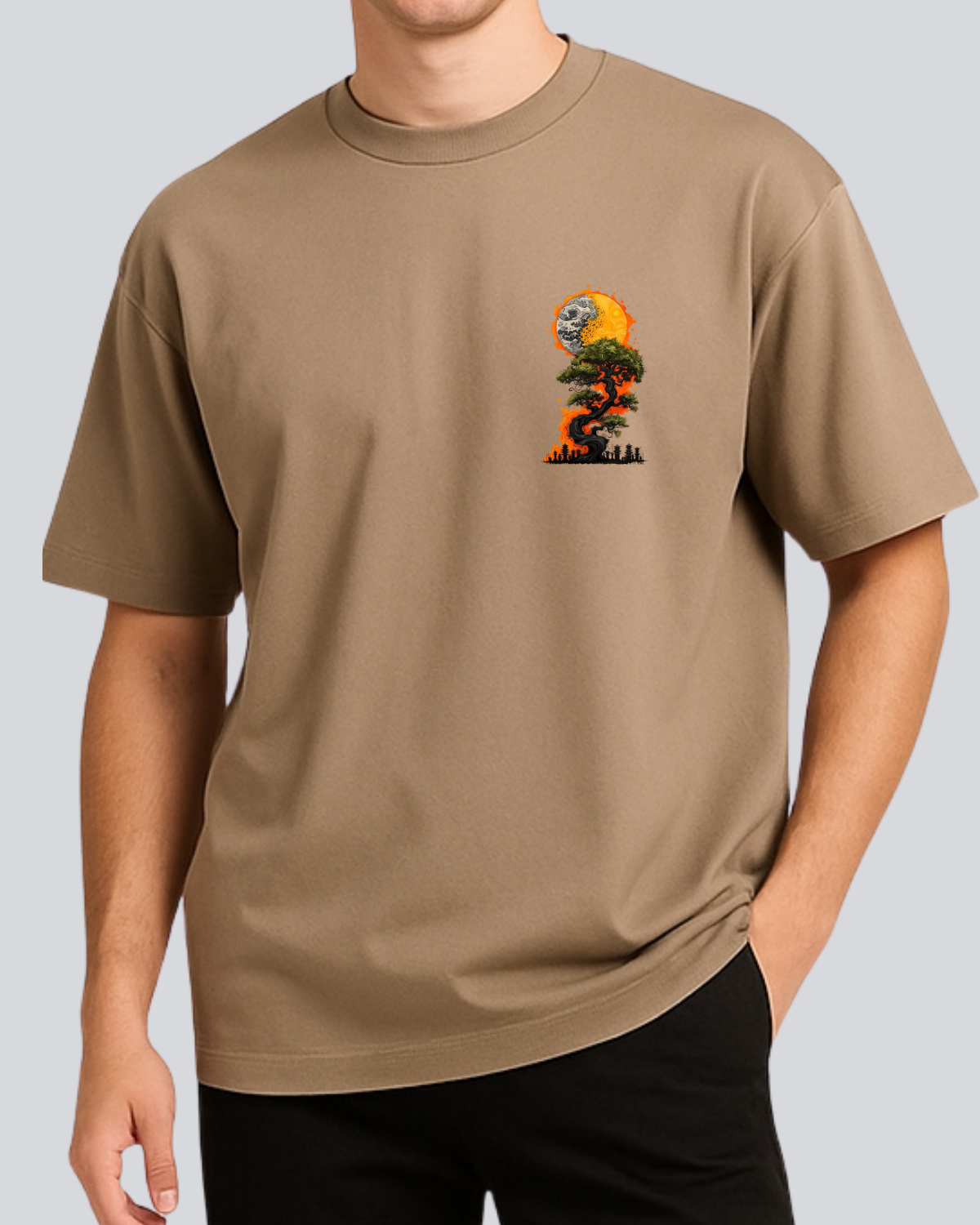 Printed Sun & Moon Streetwear Biege Oversize T-Shirt