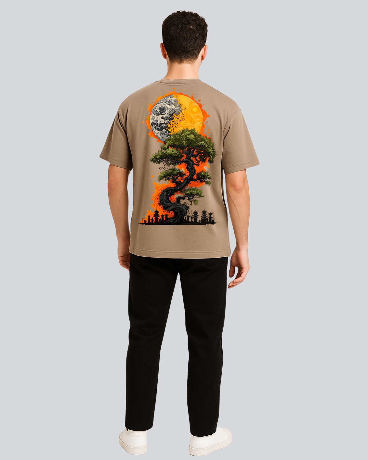 Printed Sun & Moon Streetwear Biege Oversize T-Shirt