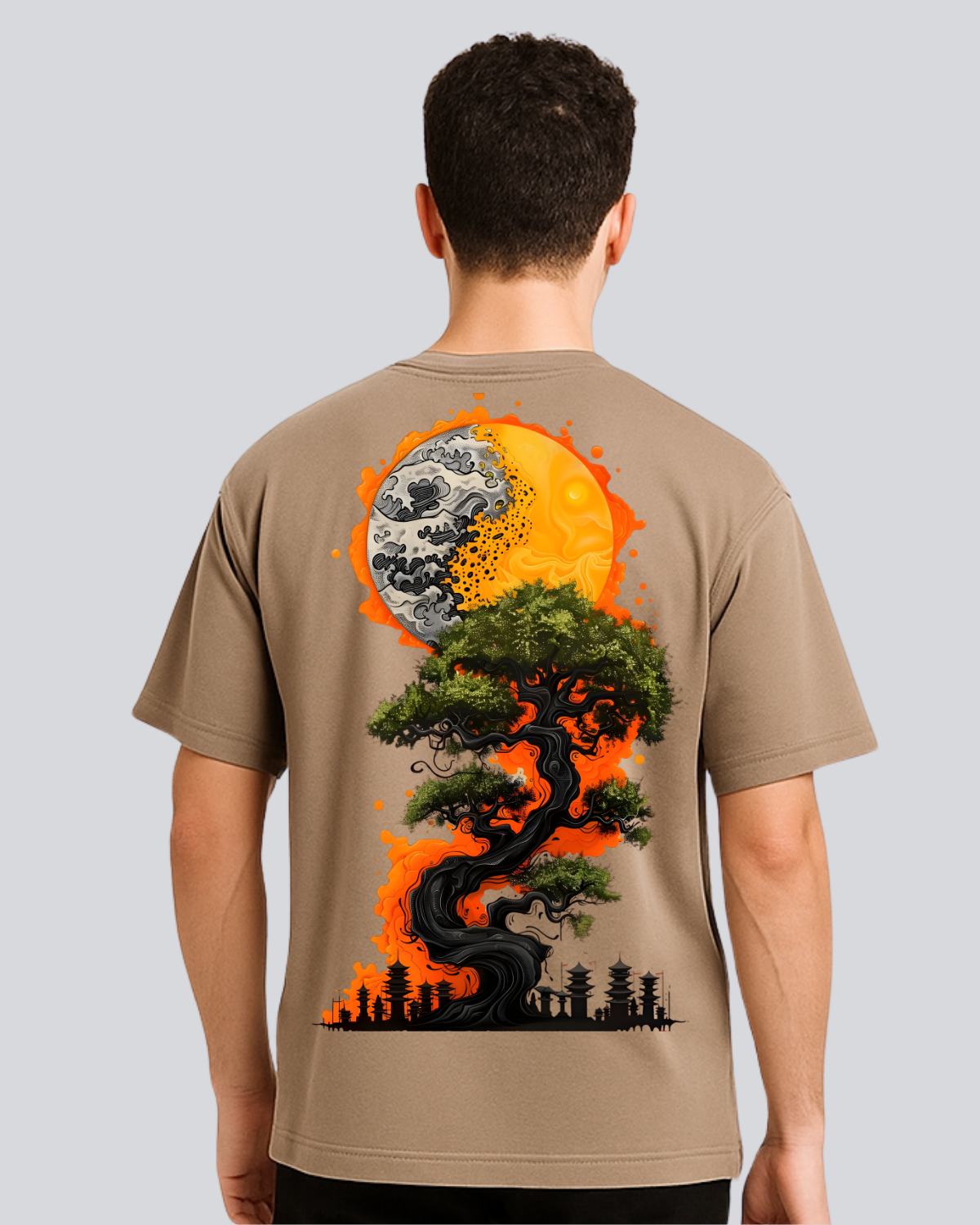 Printed Sun & Moon Streetwear Biege Oversize T-Shirt