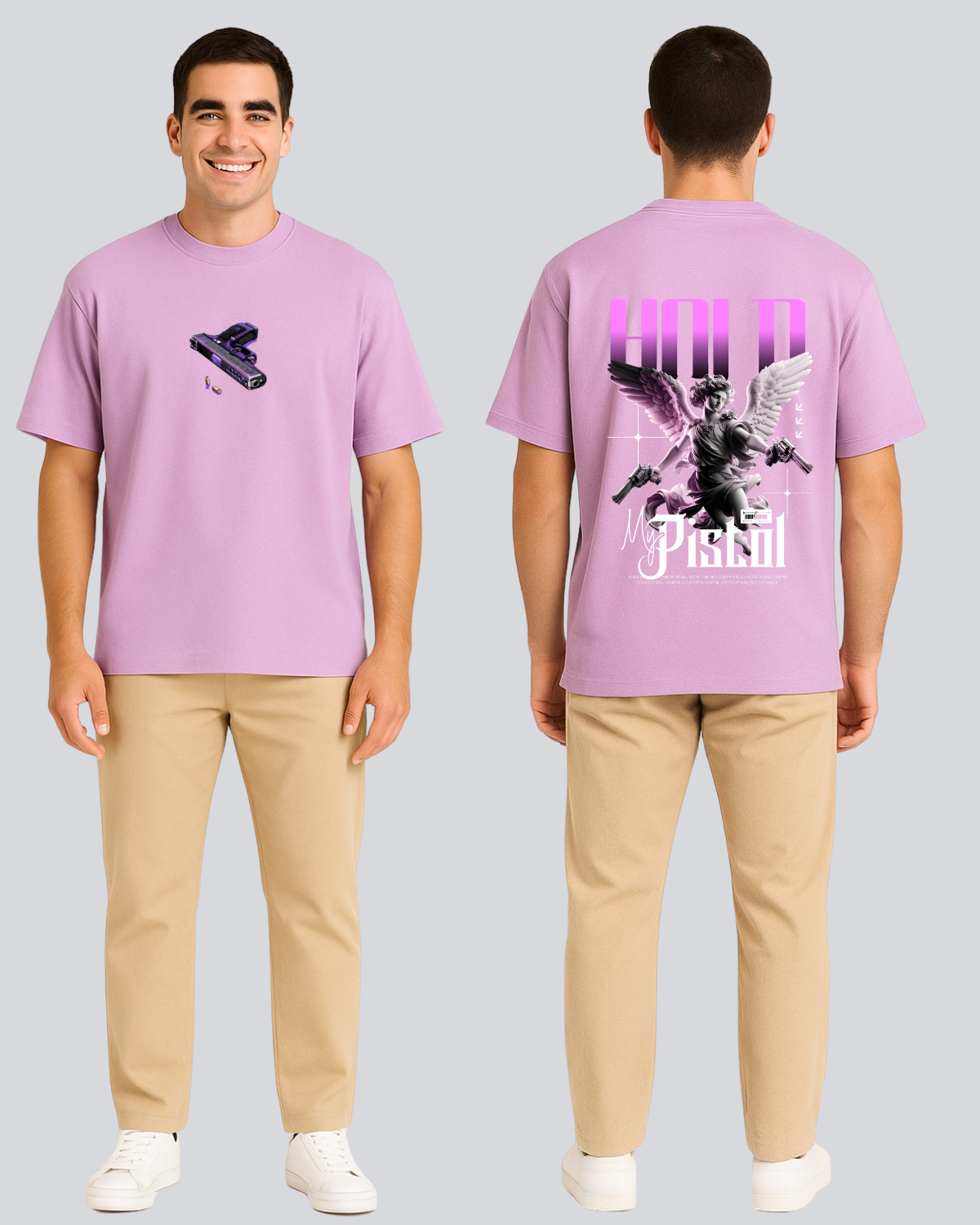 Printed Hold my Pistol Streetwear Lavender Oversize T-Shirt