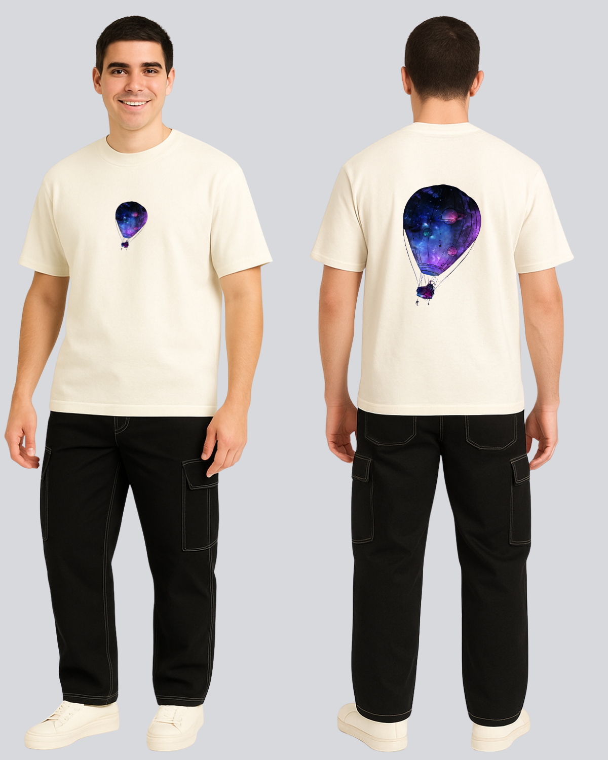 Printed Hot Air Balloon Streetwear Off White Oversize T-Shirt