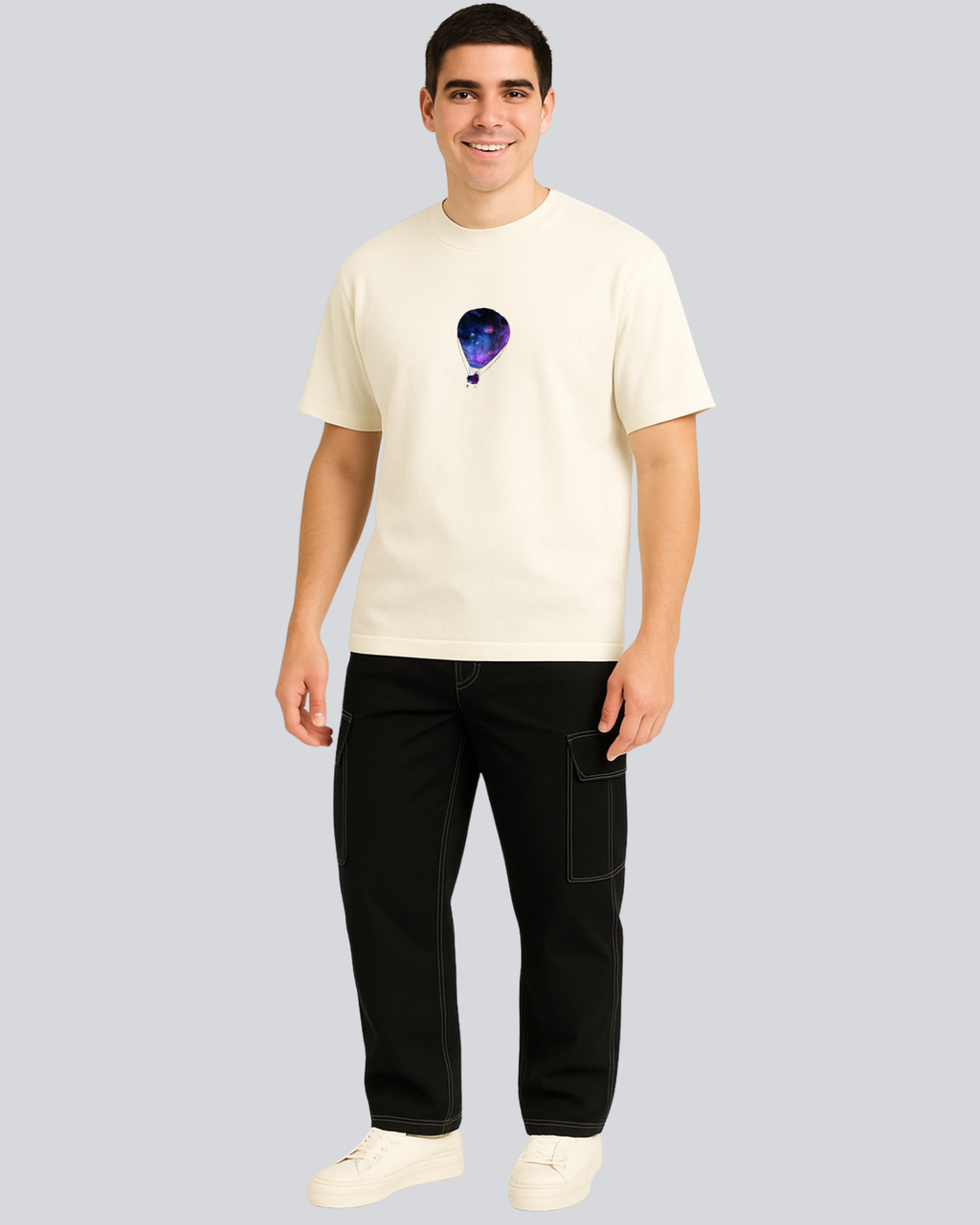 Printed Hot Air Balloon Streetwear Off White Oversize T-Shirt
