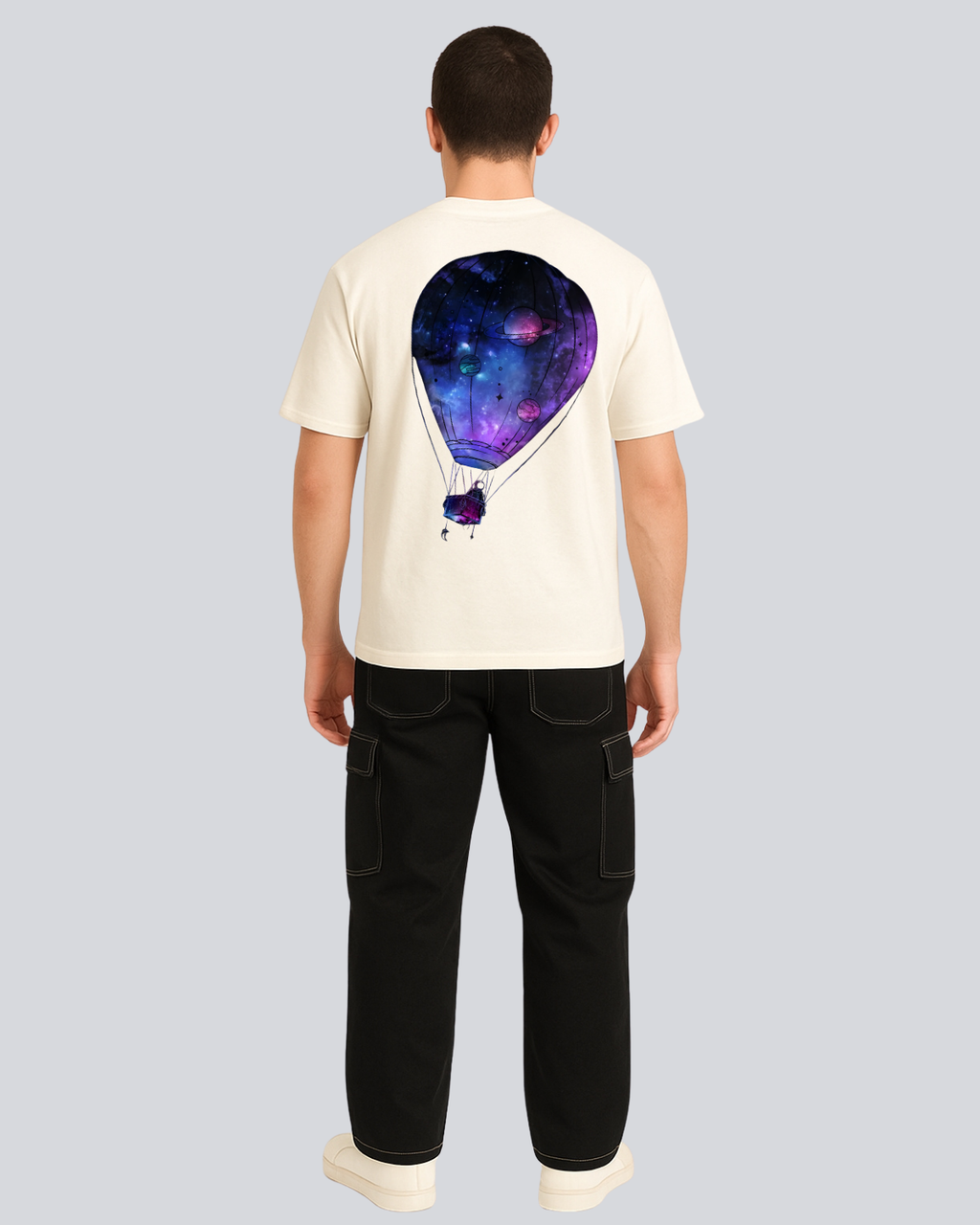 Printed Hot Air Balloon Streetwear Off White Oversize T-Shirt