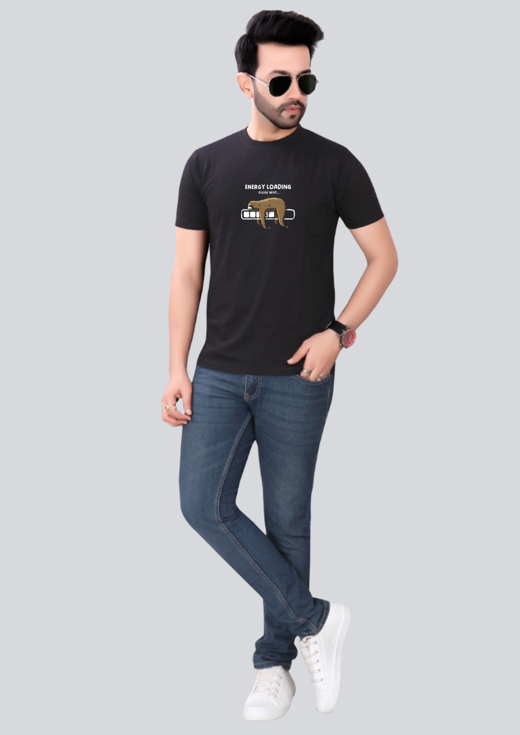 Printed Energy Loading Round Crew Neck Black T-Shirt