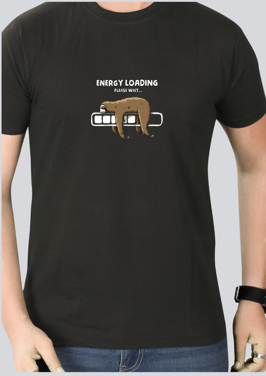 Printed Energy Loading Round Crew Neck Black T-Shirt