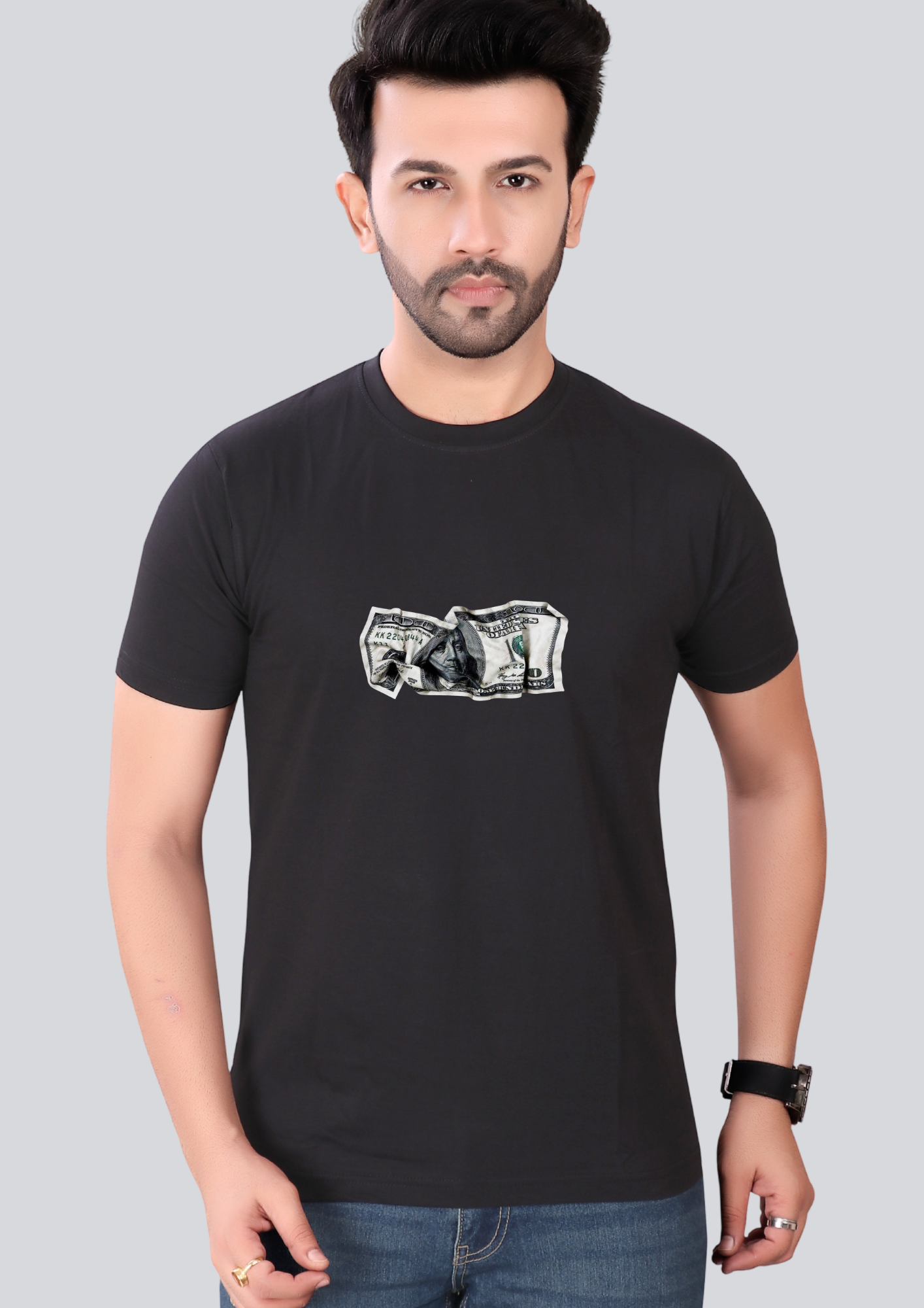 Printed Stock Chart Round Crew Neck Black T-Shirt